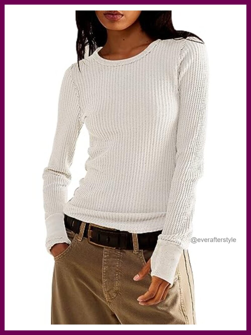 Waffle Knit Long Sleeve Slim Fit Pullover Crew Neck Top